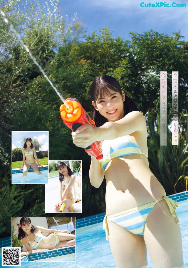 A woman in a bikini holding a water gun in a pool.