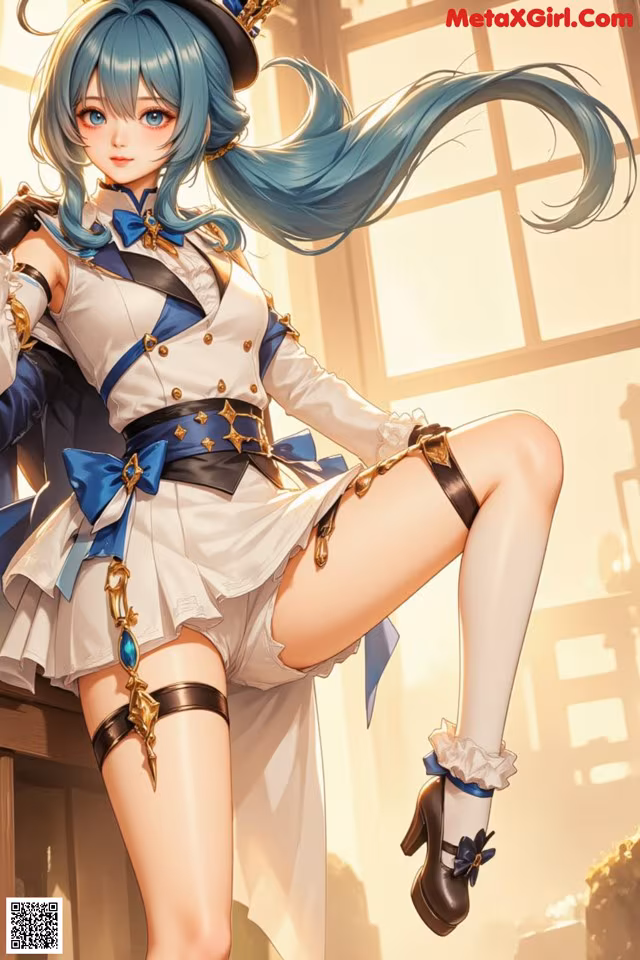 A woman with long blue hair sitting on top of a table.