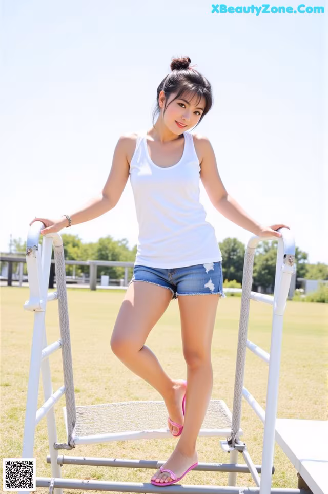 A woman in a white tank top and denim shorts posing on a ladder.