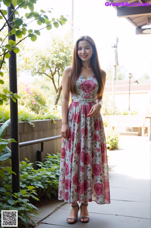A woman in a floral dress poses for a picture.