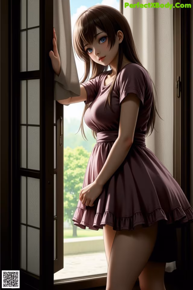 A woman in a purple dress standing by a window.