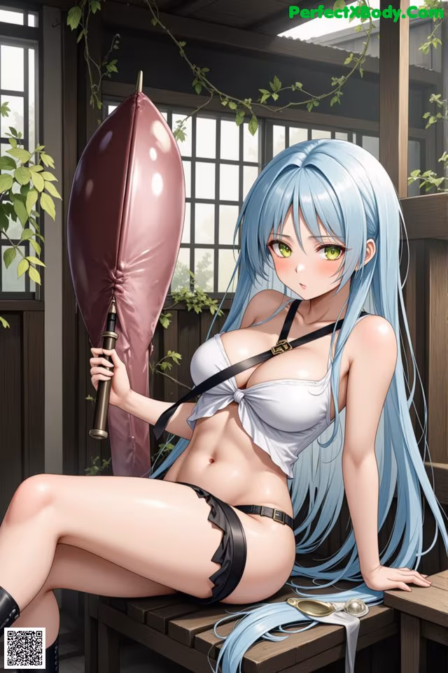 A woman with long blue hair sitting on a bench holding a balloon.