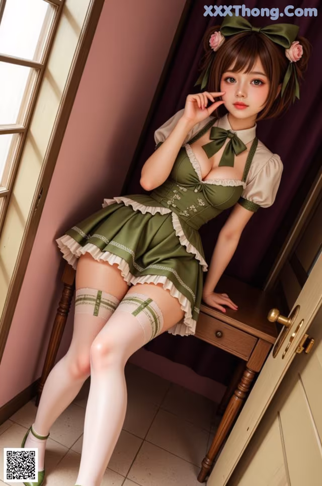 A woman in a green dress sitting on a chair.