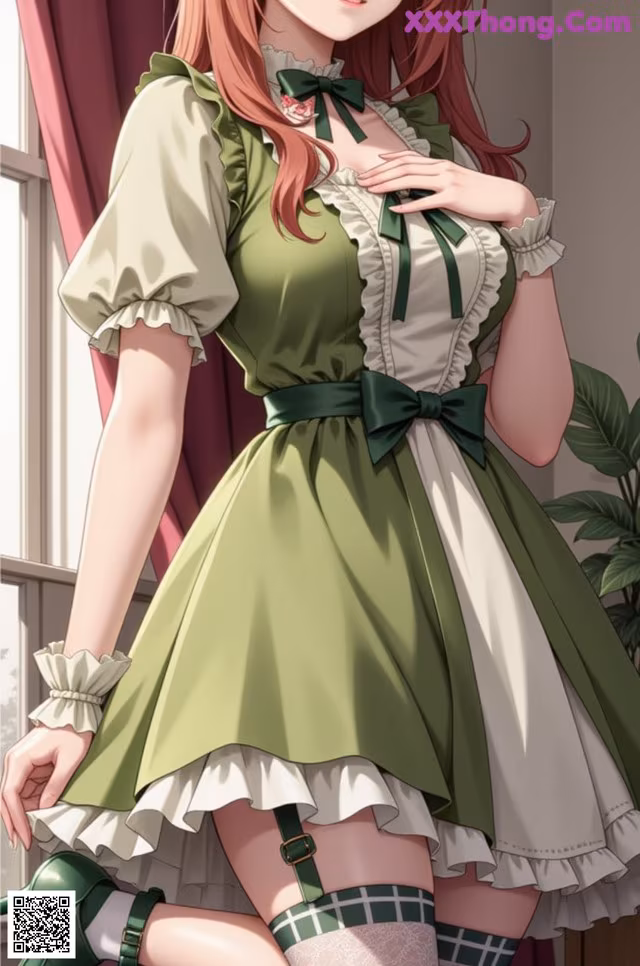 A woman in a green dress and stockings posing for a picture.