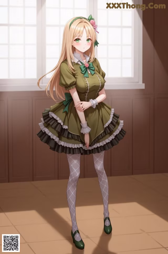 A girl in a green dress standing in front of a window.