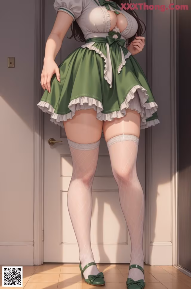 A woman in a green and white dress and stockings posing for a picture.