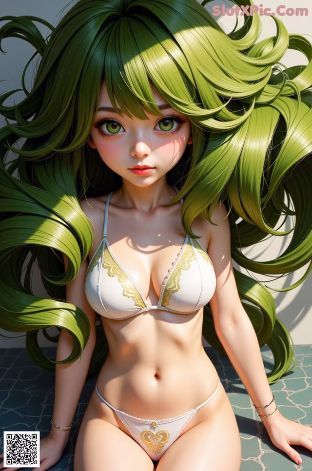 A woman with long green hair wearing a white bikini.