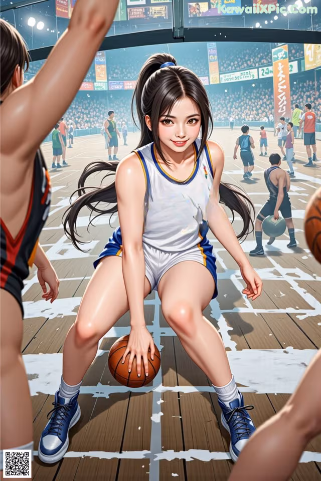 A girl in a basketball uniform dribbling a basketball on a court.