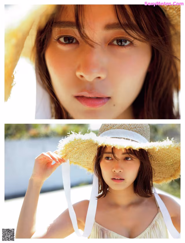 A woman wearing a straw hat is posing for a picture.