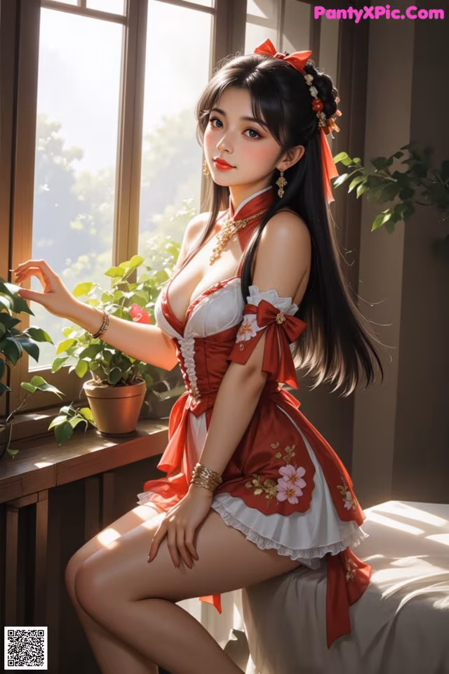 A woman in a red and white dress sitting on a window sill.