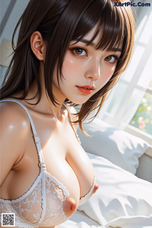 A woman in a white bra and panties on a bed.
