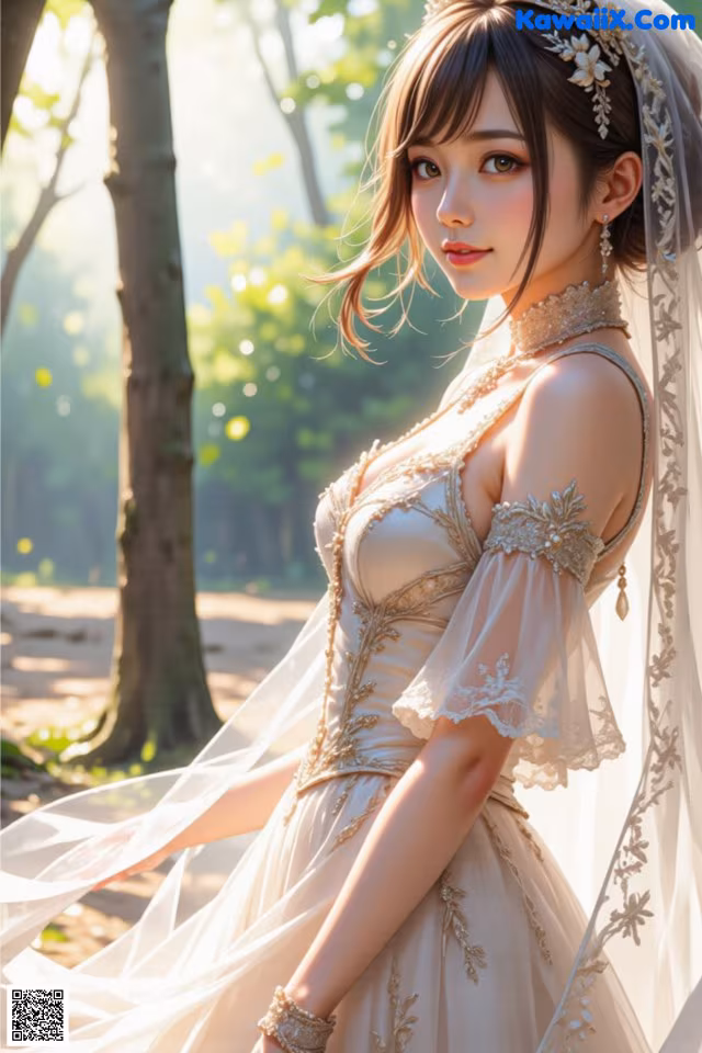 A woman in a wedding dress is posing for a picture.