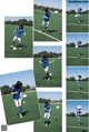 A collage of photos of a girl kicking a soccer ball.