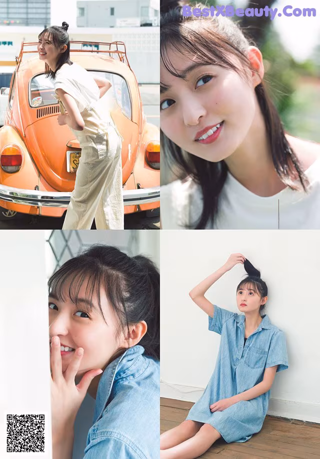 A collage of photos of a woman posing in front of a car.