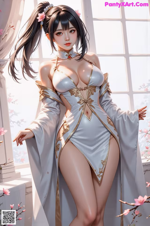 A woman in a white and gold outfit posing in front of a window.