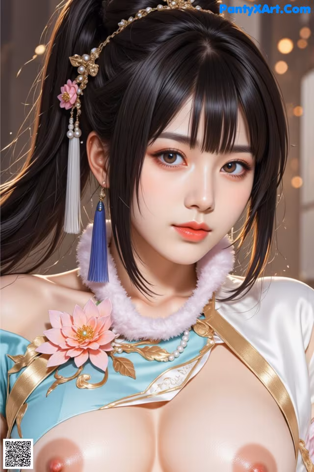 A woman in a blue and white dress with a flower in her hair.
