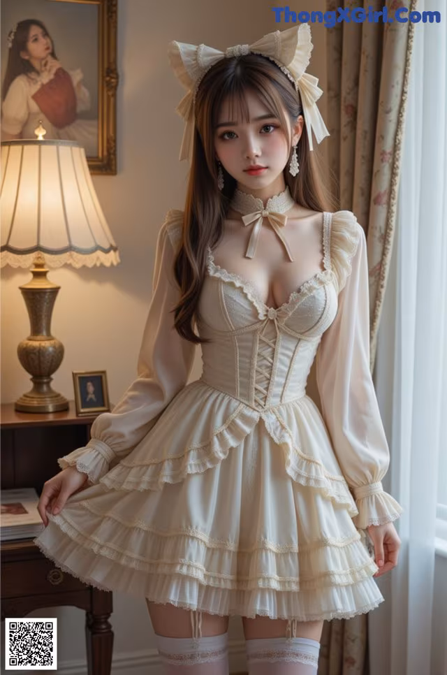 a woman in a white dress and stockings posing for a picture