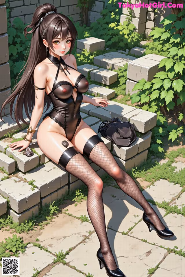 A woman in a black lingerie sitting on a stone wall.