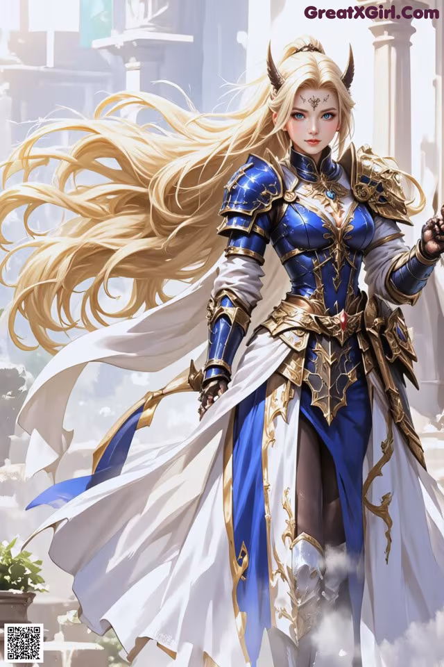 A woman in a blue and white outfit holding a sword.