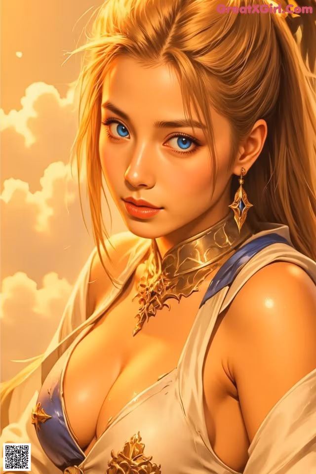A woman with long blonde hair and blue eyes wearing a white dress.