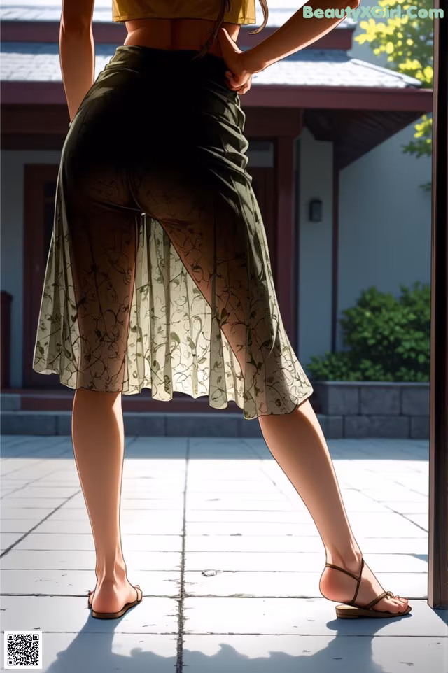 A woman standing in front of a door with her back to the camera.