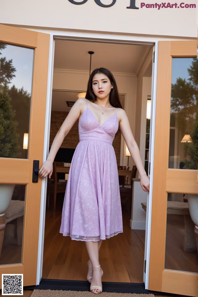 A woman standing in front of a door wearing a purple dress.