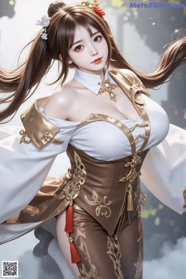 A woman in a white and brown outfit with long brown hair.