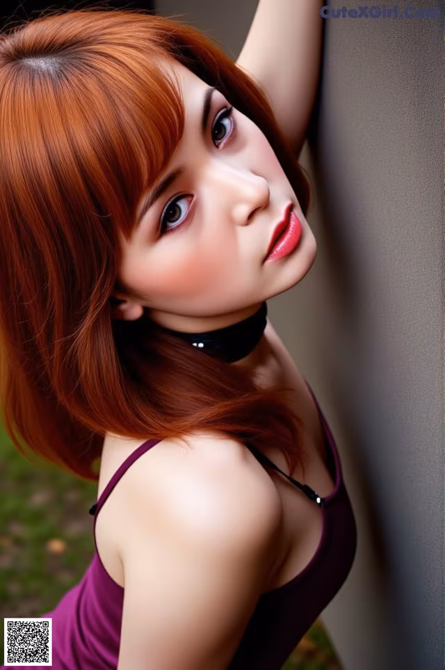 A woman with long red hair leaning against a wall.
