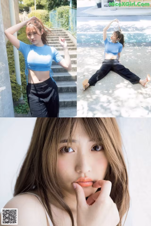 A woman in a blue top and black pants posing for a picture.