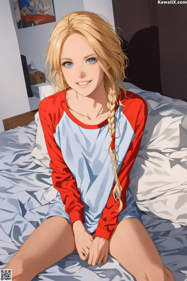 A woman sitting on top of a bed in a bedroom.