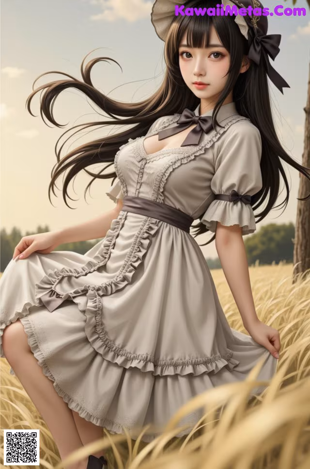 A girl in a dress and hat sitting in a field.