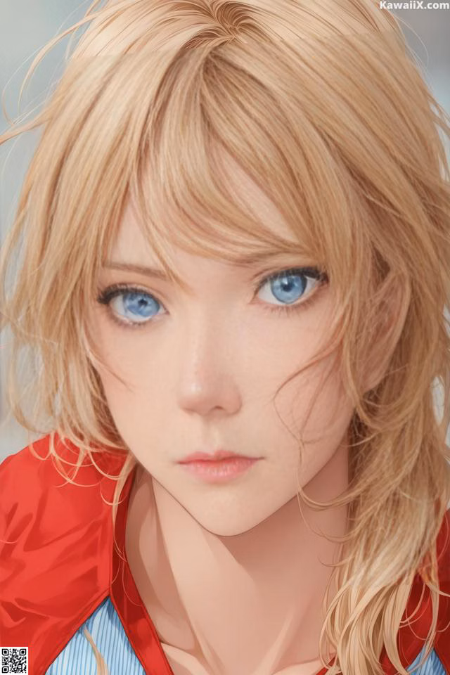 A girl with blonde hair and blue eyes wearing a red jacket.