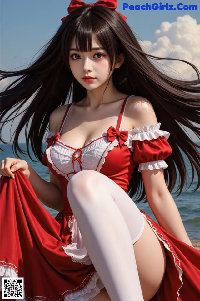 A woman in a red and white dress sitting on the beach.