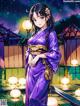 A woman in a purple kimono standing in front of lanterns.