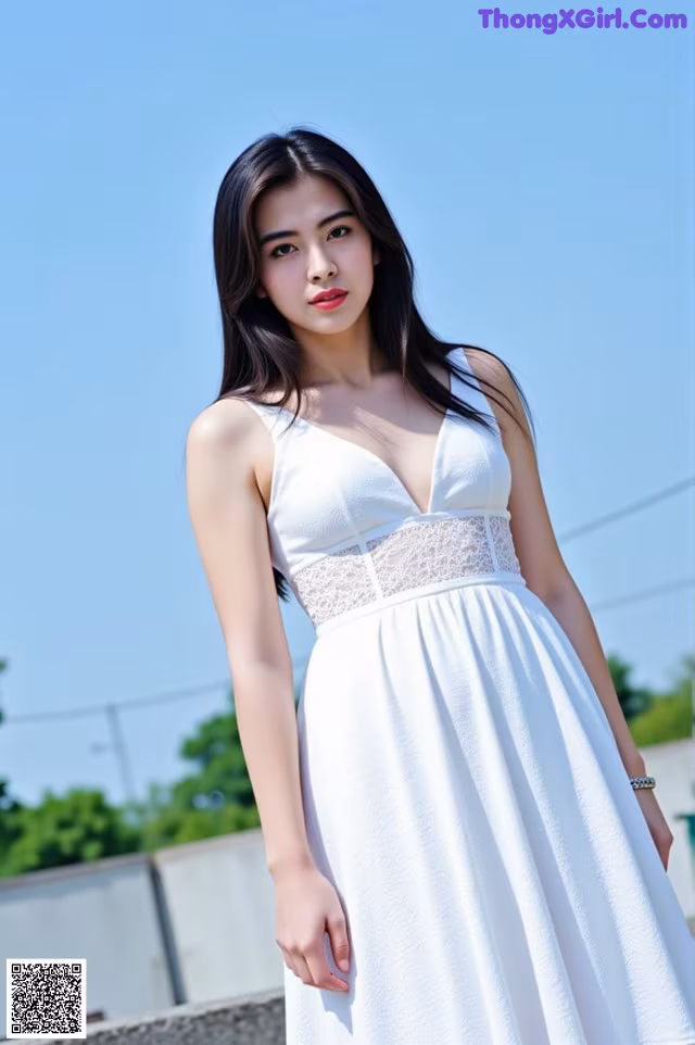 A woman in a white dress posing for a picture.