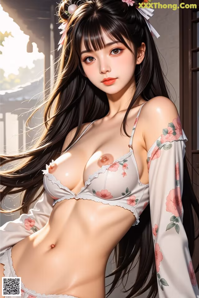 A woman with long black hair wearing a white lingerie.