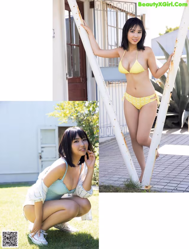 A woman in a yellow bikini posing for a picture.